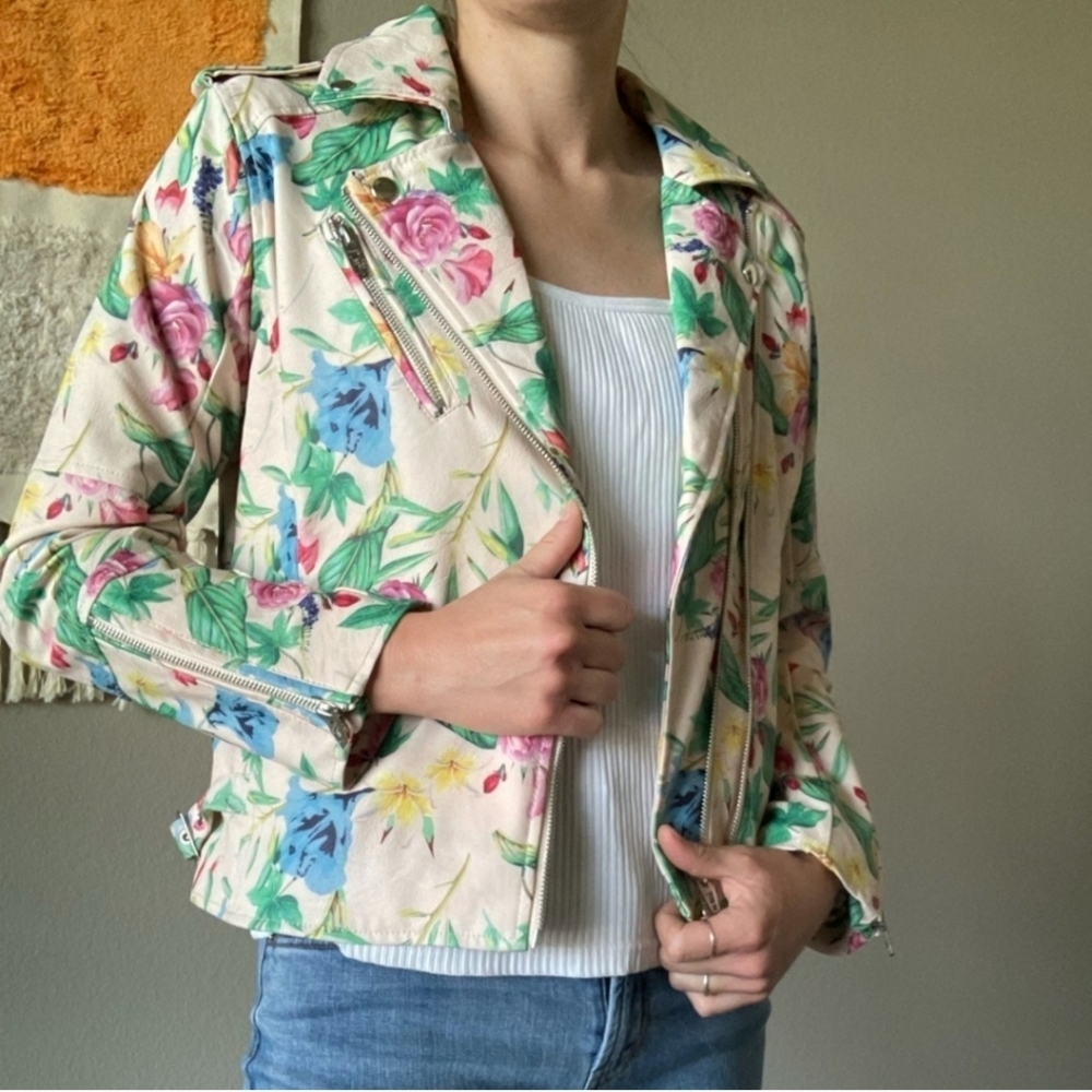 COLLEEN LOPEZ Effortlessly Edgy Floral Faux Leather Moto Jacket Size Medium
